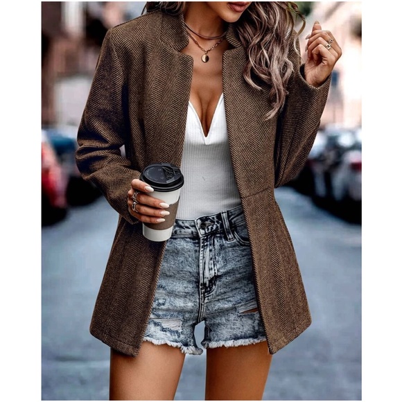 Classic Brown Herringbone Blazer Jacket Coat - Picture 2 of 5